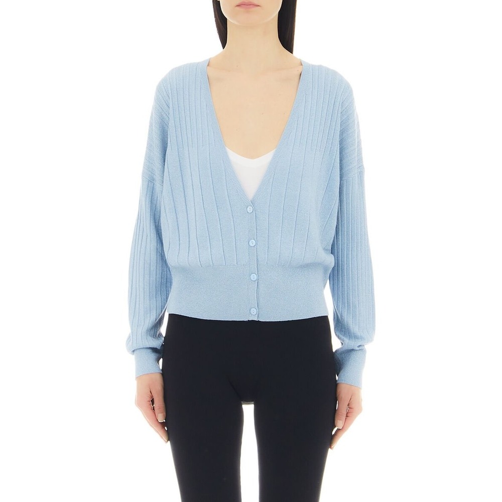 Liu Jo Milano Light Blue Metallic Ribbed V-Neck Cardigan Sweater Size L